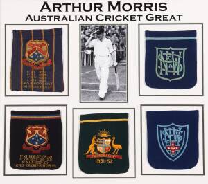 ARTHUR MORRIS' BLAZER POCKETS, display with pocket from 1951-52 Australian blazer, window mounted with two NSW blazer pockets, two Canterbury Boys High School blazer pockets & photo of Arthur Morris walking out to bat, framed & glazed, overall 75x68cm.