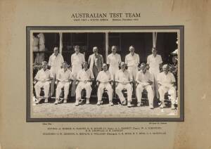 1952-53 Australian Team, official team photograph for the 1st Test v South Africa at Brisbane, with title & players names printed on mount, overall 43x30cm. Minor faults to photo. Ex Bill Johnston collection with his signature on reverse.