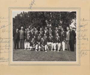 1956 AUSTRALIAN TEAM, team photograph with 21 signatures on mount including Ian Johnson (captain), Keith Miller, Ray Lindwall & Richie Benaud, framed & glazed, overall 52x48cm.