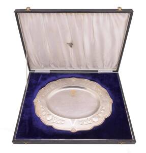 1959-60 AUSTRALIAN TOUR TO INDIA: Silver-plated tray decorated with elephants, engraved "With Best Compliments of The Board of Control for Cricket in India, to Mr R.R.Lindwall, Australian Cricket Touring team in India", in original presentation box. Ex Ra