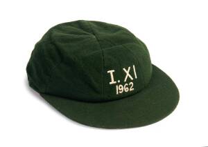 RICHIE BENAUD'S INTERNATIONAL IX CAP, used as captain of 1962 International XI World Tour to Africa, Pakistan & NZ, green wool with "I. XI 1962" embroidered on front, signed inside by Richie Benaud. With declaration from Graham "Smokey" Dawson stating he 