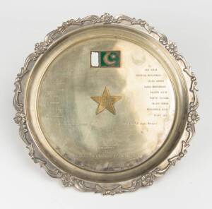 1972-73 PAKISTAN TOUR TO AUSTRALIA: Silver-plated plate, with Pakistan emblem to centre, engraved "Presented By Pakistan Cricket Team 1972-73", and names of the touring squad. Fair condition. Ex Lindsay Hassett collection.