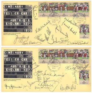 1977 CENTENARY TEST, First Day Covers (2), one signed by Australian team, other signed by English team, with 23 signatures including Greg Chappell, Rick McCosker, Tony Greig & Derek Randall.