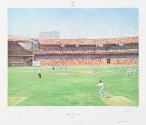 1977 CENTENARY TEST, "Melbourne Cricket Ground" Limited Edition Print by Alan Fearnley, signed by the artist and the England 1977 Centenary Test Team [11 signatures including Tony Greig & Derek Randall], numbered 692/850, framed & glazed, overall 81x72cm.