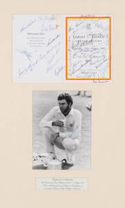 1980 CENTENARY TEST: Menu with signatures of 36 former Test players including Neil Harvey, Lindsay Hassett, Harold Larwood, Norman O'Neil & Bob Simpson, window mounted with signed photo of Greg Chappell. Framed & glazed, overall 40x60cm.