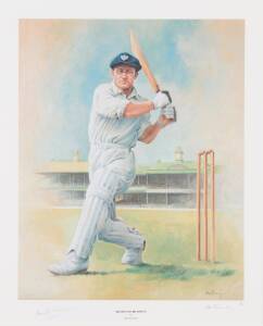 DON BRADMAN, print "Sir Don Bradman" by Alan Fearnley (Bradman wearing NSW cap with SCG in background), signed by Don Bradman & the artist, limited edition 4/850, framed & glazed, overall 60x70cm.