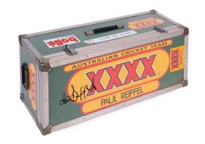 PAUL REIFFEL, "coffin" for transporting his cricket gear, with "Paul Reiffel" on top and side & end, "Ashes '93" & XXXX logos, plus various transit labels. With Paul Reiffel collection Certificate. [In England, Reiffel was selected in 3 Tests, made 62 run