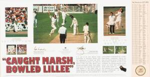 SIGNED CRICKET DISPLAYS, noted "Caught Marsh, Bowled Lillee" lithographed print signed by Rod Marsh & Dennis Lillee (56x88cm); "A Decade of Warne" display signed by Shane Warne (40x95cm); "Catching History" print display signed by Mark Waugh (59x80cm). Ea