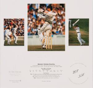 SIGNED CRICKET DISPLAYS, noted "At the Crease" prints signed by Greg Chappell & Neil Harvey, each 44x42cm; plus prints signed by Viv Richards & Gary Sobers, each 46x59cm. All framed, with CoAs.