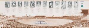 THE BLUES LIVING LEGENDS TEAM: Print "The Blues Living Legends" with 12 signatures - Don Bradman, Keith Miller, Arthur Morris, Allan Border, Alan Davidson, Bob Simpson, Steve Waugh, Brian Taber, Glenn McGrath, Neil Harvey, Richie Benaud & Norman O'Neill, 