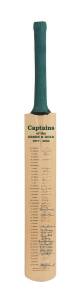 CAPTAINS OF THE GREEN & GOLD 1877-2002, full size Cricket Bat with 22 etched signatures & 13 genuine signatures including Bill Brown, Arthur Morris, Richie Benaud & Adam Gilchrist. Limited edition 45/100. Superb condition.