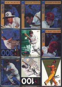 c1994-98 cricket cards, noted sample cards (98); promotional cards (5); proofs (40); 1994 "Great Cricket Moments - Keppler Wessels" error card with gold printing double.