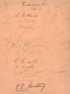 1910-11 VICTORIAN TEAM, large autograph page with 12 signatures including Warwick Armstrong, William Carkeek, Harry Kortlang, Vernon Ransford & Jimmy Matthews.