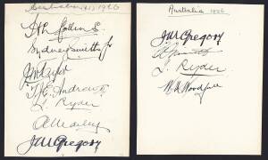 1926 AUSTRALIAN TEAM, autograph pages (2) signed by 10 cricketers & manager, noted Herbie Collins (captain), Bill Woodfull, Jack Ryder (twice) & Clarrie Grimmett.