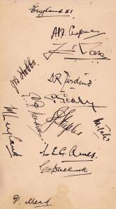 1928-29 ENGLAND TEAM, autograph page with 13 signatures including A.P.F.Chapman, J.B.Hobbs & Douglas Jardine.