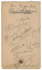 1928-29 New South Wales team, autograph page with 12 signatures including Alan Kippax, Archie Jackson, a young Don Bradman & Bryce Cooper (scarce).