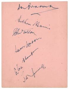 c1948 autograph pages (4) with 30 signatures of Australian & English cricketers, noted Don Bradman, Arthur Morris, Don Tallon, Sam Loxton, Bill Bowes, Alec Bedser, Jim Laker & Gubby Allen.