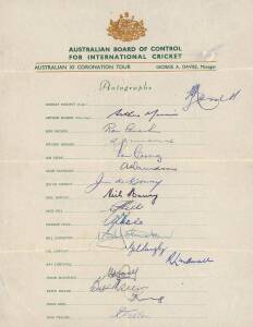 1953 Australian Team, official team sheet with 17 signatures including Lindsay Hassett (captain), Arthur Morris, Richie Benaud & Ray Lindwall. Good condition.