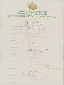 1953 Australian team, official team sheet with 16 signatures (some faded), noted Lindsay Hassett, Arthur Morris & Richie Benaud, window mounted, framed & glazed, overall 42x52cm.