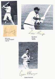 CRICKET AUTOGRAPHS: Signed postcard, pictures (7), card & pieces (11), noted Keith Miller, Peter Burge, Bill Lawry & Glenn McGrath; also 1956 'Daily Express' card with facsimile autographs.