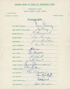 1957-58 Australian Team to South Africa, official team sheet with 16 signatures including Ian Craig (captain), Neil Harvey, Richie Benaud & Wally Grout. Good condition. Scarce.