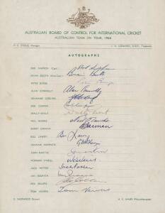 1964 Australian team for England, official team sheet with 17 signatures including Bob Simpson (captain), Brian Booth, Graham McKenzie & Bill Lawry.