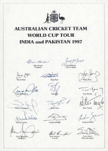 1987 Australian Team to World Cup, official team sheet with 17 signatures including Allan Border (captain), Geoff Marsh & Stephen Waugh. Fine condition. [Australia won it's first World Cup, defeating arch-rivals England by 7 runs].