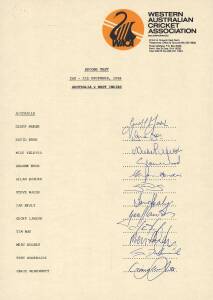 1988 Australian Team for 2nd Test v West Indies, WACA team sheet with 12 signatures including Allan Border, Geoff Marsh & Merv Hughes (hat-trick!). Fine condition.