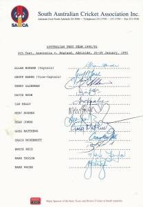 1990-91 Australia v England, 4th Test at Adelaide, team sheet with 12 signatures including Allan Border (captain), David Boon & Mark Waugh (138 on debut - his brother dropped!). Fine condition.