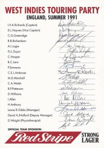 1991 West Indies Team to England, official team sheet with 19 signatures including Vivian Richards (captain), Gordon Greenidge, Malcolm Marshall, Curtley Ambrose & Brian Lara. Fine condition. {Last tours of Viv Richards & Malcolm Marshall; first tour to E