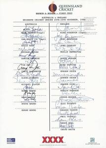 1994 Australia v England, 1st Test at Brisbane, team sheet with both teams. {Shane Warne's career best figures in this Test - 8 wickets for 71. Warne's signature line was typed twice on the sheet in error - the team sheet is fully signed by the Australian