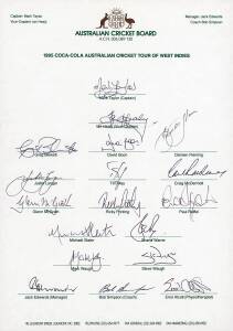 1995 Australian Team to West Indies, official team sheet with 18 signatures including Mark Taylor, Carl Rackemann, Glenn McGrath, Shane Warne & Steve Waugh. Fine condition. Rare. {Steve Waugh's highest Test score 200 in 4th and deciding Test. Australia's 