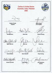 2000 Australian Team for Carlton & United Series (One Day series v India & Pakistan), official team sheet with 14 signatures including Stephen Waugh (captain), Shane Warne & Adam Gilchrist. Fine condition. Scarce.