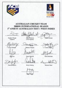 2000-01 Australian Team for Ansett Test Series, official team sheet with 13 signatures including Stephen Waugh (captain), Adam Gilchrist, Glenn McGrath & Ricky Ponting. Fine condition. Scarce. {This Test series saw McGrath reach 300 wickets - Lara being v