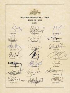 2001 Australian Team to India, official team sheet with 21 signatures including Stephen Waugh (captain), Adam Gilchrist, Glenn McGrath & Ricky Ponting. Fine condition. Scarce. {Australia's 16 Test wins in a row comes to an end - arguably one of the best T