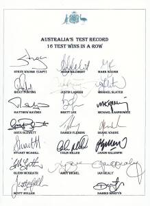 AUSTRALIA'S TEST RECORD - 16 WINS IN A ROW: Team sheet celebrating the Australian and World Record of consecutive Test wins - 16 wins in a row, from 1999 until the 2nd Test v India in 2001, signed by all 20 players involved, including Steve Waugh, Adam Gi