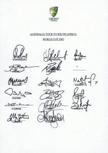 2003 Australian Team for World Cup, official team sheet with 16 signatures including Ricky Ponting, Adam Gilchrist & Matthew Hayden. [The blank line was for Warne's signature, but after being given a 12 month drug ban for using a diuretic, he was not allo