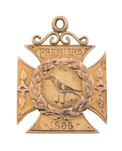 1896 COLLINGWOOD PREMIERSHIP MEDAL, 15ct yellow gold, Maltese Cross shape with front engraved with magpie, "PREMIERS" & "1896"; reverse engraved "COLLINGWOOD F.C., Presented by J.Cross Esq, To J.H.Bohrmann". Hallmarked three part mark for Robert Robertson