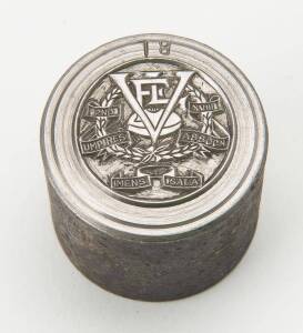 Original steel die for badge "VFL/ 2nd Eighteen/ Umpires Assocn", 25mm diameter. Ex Stokes & Sons archive.