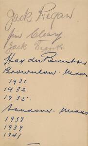 AUTOGRAPH BOOK with c48 signatures, noted Haydn Bunton, Ron Clegg, Ron Todd, Herb Matthews; 1931 South Australia football team; page of 12 former Margarey Medal winners including Jack Mack (1907), Sampson Hosking (1910), Tom Leahy (1913) & Jack Ashley (19