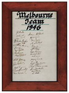 MELBOURNE: Page signed by 1946 team with 29 signatures including Norm Smith, Jack Mueller, Checker Hughes & Don Cordner; plus Legends Medallions for Percy Beames & Todd Viney; "Football Record" celebrating Kevin Bartlett's 400th game.