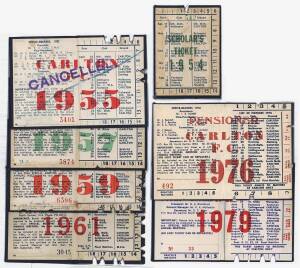 CARLTON: Member's Season Tickets for 1954 (Scholar's Ticket), 1955, 1957, 1959, 1961, 1976 & 1979, with fixture list & hole punched for each game attended. Good condition.