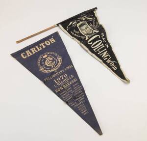 PENNANTS, noted c1955 Collingwood featuring Robert Rose; 1970 Carlton Preliminary Final (Carlton went on to win the Premiership in one of the greatest Grand Finals of all time).