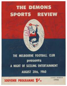 MELBOURNE & HAWTHORN: 1960 "The Demons Sports Review, Souvenir Programme" with 22 pencil signatures including Ron Barassi, John Beckwith & Laurie Mithen; plus "Hawthorn Football Club. Trip to Sydney 1964, Souvenir Itinerary".