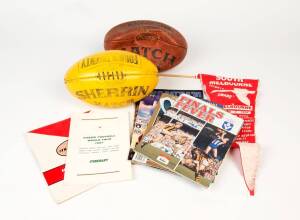 BALANCE OF FOOTBALL COLLECTION, noted "Aussie Football World Tour 1967 Itinerary"; 1968 South Melbourne pennant; football records (5 incl. 1990 Grand Final records x 2); set of Collingwood "1990 Premiers" playing cards; plus footballs (2), VFL fixtures, t