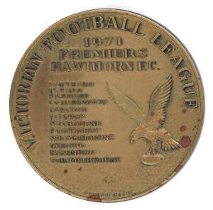 HAWTHORN: 1971 Premiers medal, bronze, with on front "Victorian Football League/ 1971 Premiers, Hawthorn F.C.", and on reverse "Brownlow Medallist, 1971, Ian Stewart - Richmond F.C.", numbered "158" on rim, made by Stokes in original box. Plus 1956 Centen