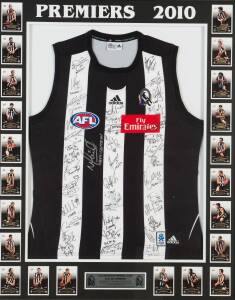 COLLINGWOOD: "Premiers 2010" display comprising Collingwood jumper with 40 signatures, window mounted with 22 football cards; framed & glazed, overall 90x111cm. With CoA.