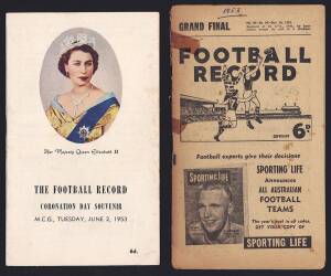 1953 "Football Record"s, Grand Final - Collingwood v Geelong; plus Coronation Day Souvenir - Lightning Premiership featuring all 12 teams. Fair/Good condition.