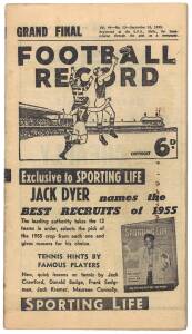 1955 "Football Record"s, 2nd Semi (Melb v Coll); Final (Coll v Geel); Grand Final - Melbourne v Collingwood. Fair/Good condition.