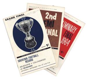 1964 "Football Record"s, 2nd Semi (Melb v Coll); Prelim Final (Coll v Geel); Grand Final - Melbourne v Collingwood. Fair/Good condition.